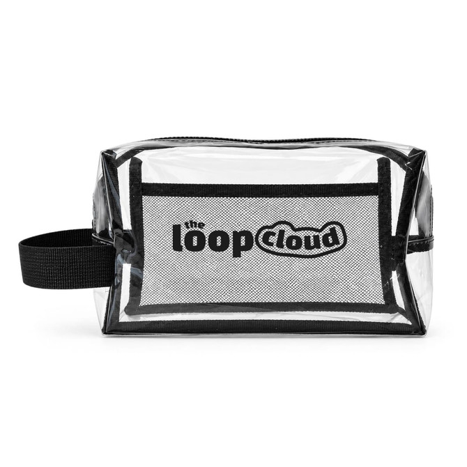 A clear cosmetic bag with a black mesh compartment and a black handle, featuring a logo on the front.