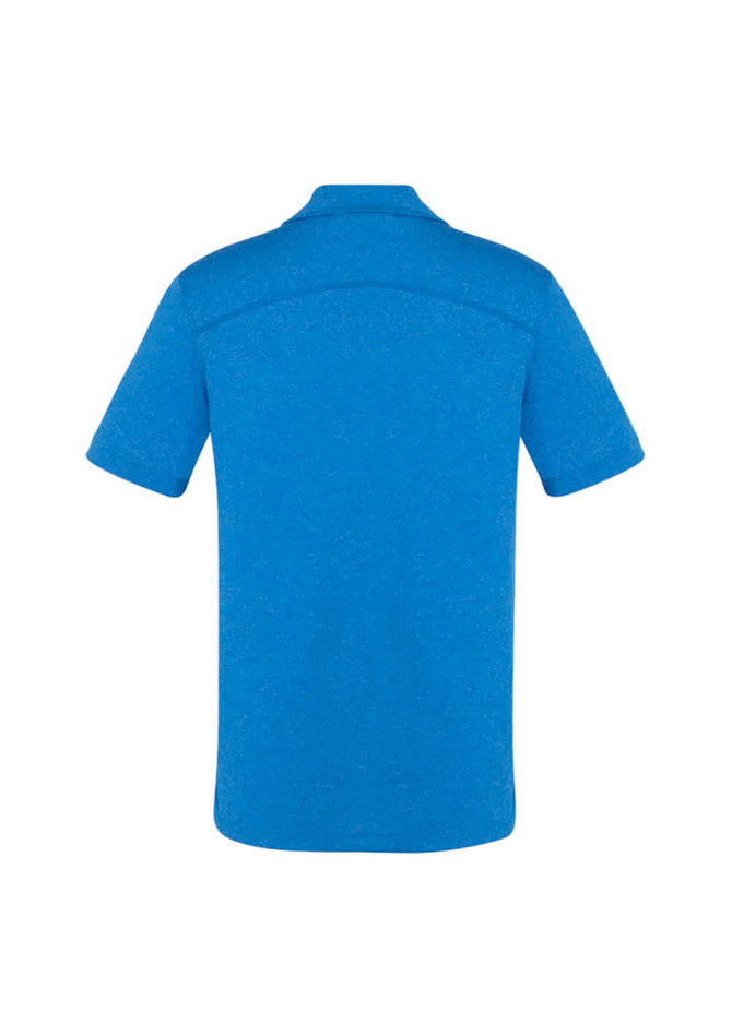 A blue short sleeve polo shirt with a collar and a back seam design. Includes a logo on the front.