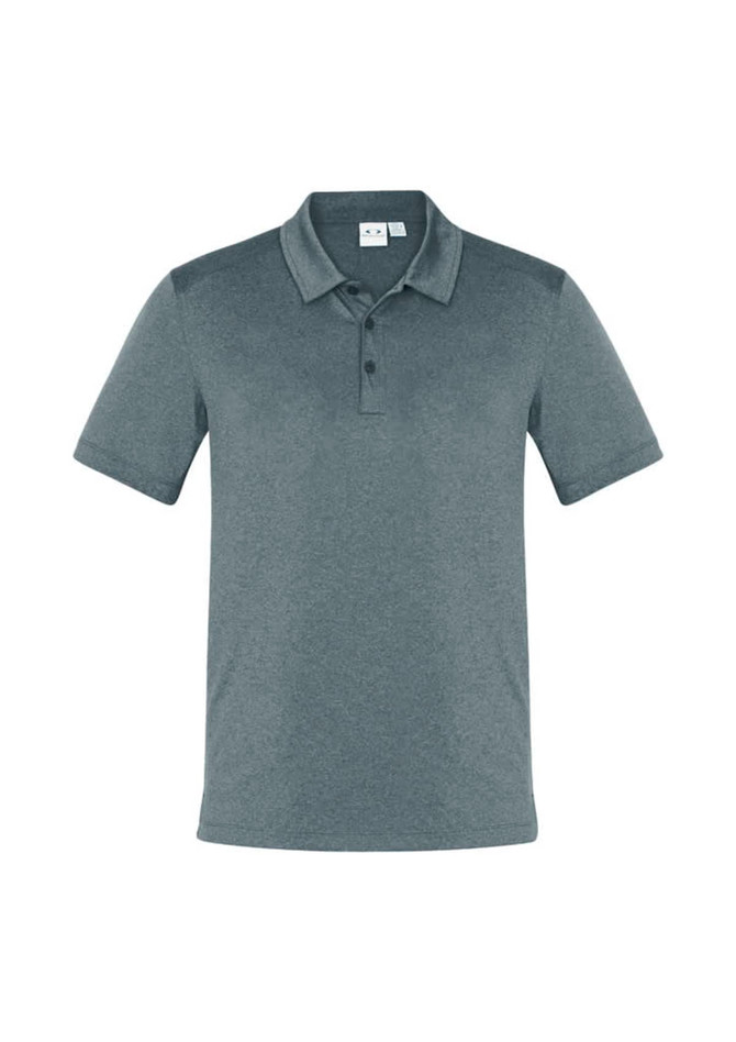 A short sleeve polo shirt in a dark grey colour with a collar and a logo on the chest.