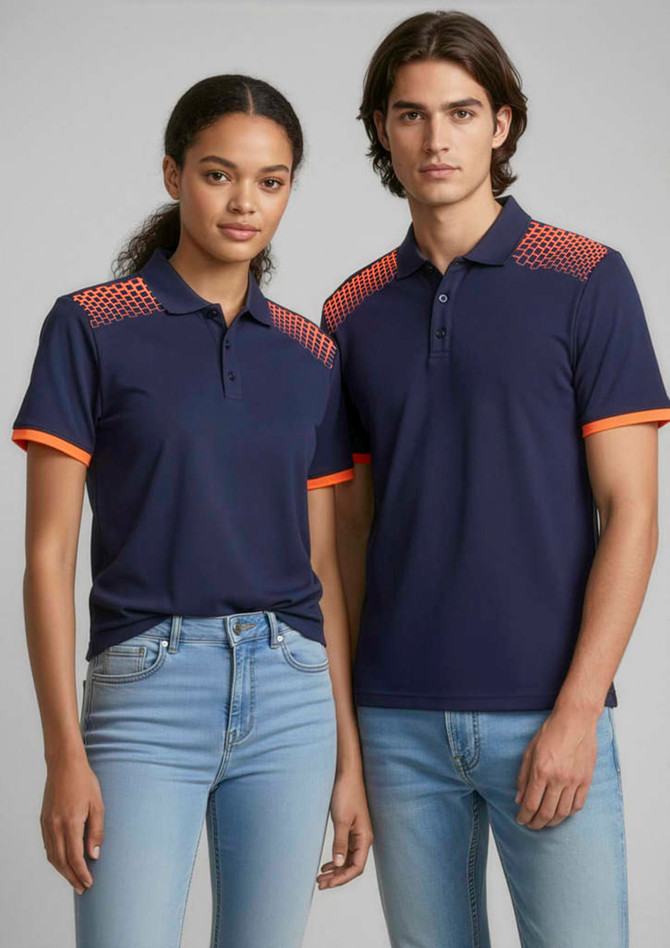 A navy blue short sleeve polo shirt with orange accents and a patterned design on the shoulders, featuring a logo.