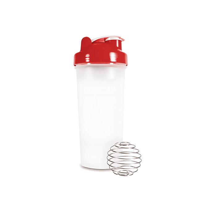 A drink bottle with a white body and red lid, accompanied by a stainless steel mixing ball.