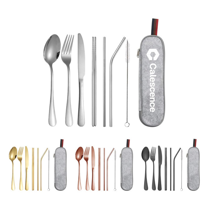 A stainless steel flatware set with seven pieces, including spoons, forks, knives, and straws, in multiple colours with a case.