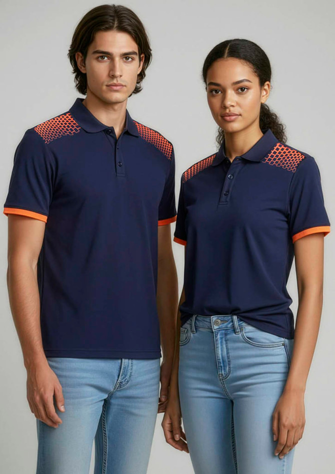A navy blue short sleeve polo shirt with contrasting orange accents and a logo. Worn by a male and female model.
