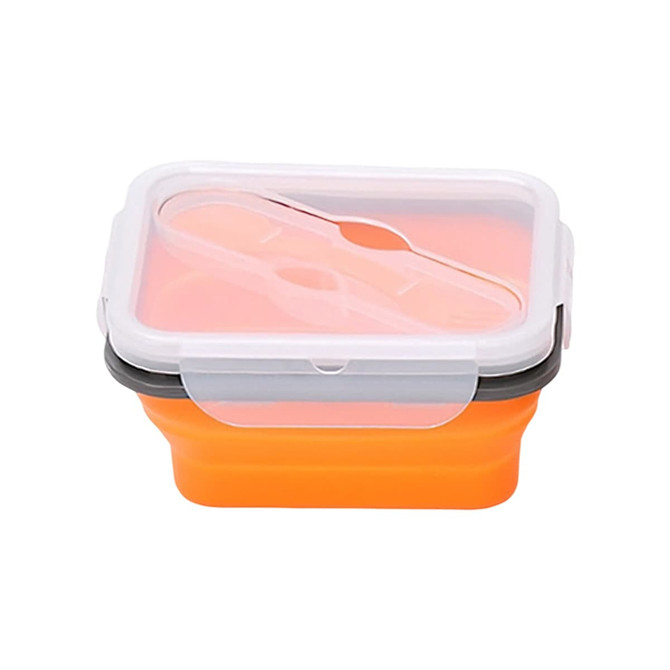 A reusable silicone food storage container in orange with a clear lid and grey accents. Includes a separate divider.