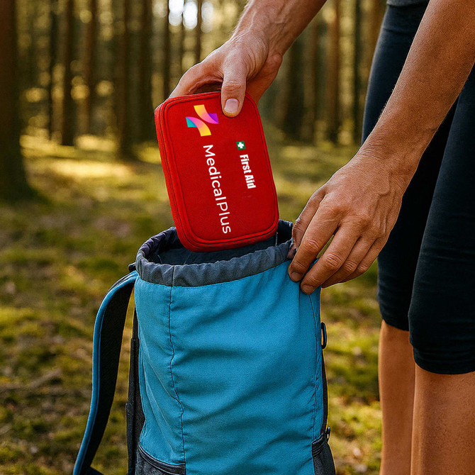 A red first aid kit bag being placed into a blue backpack, with trees in the background. The bag has a logo.