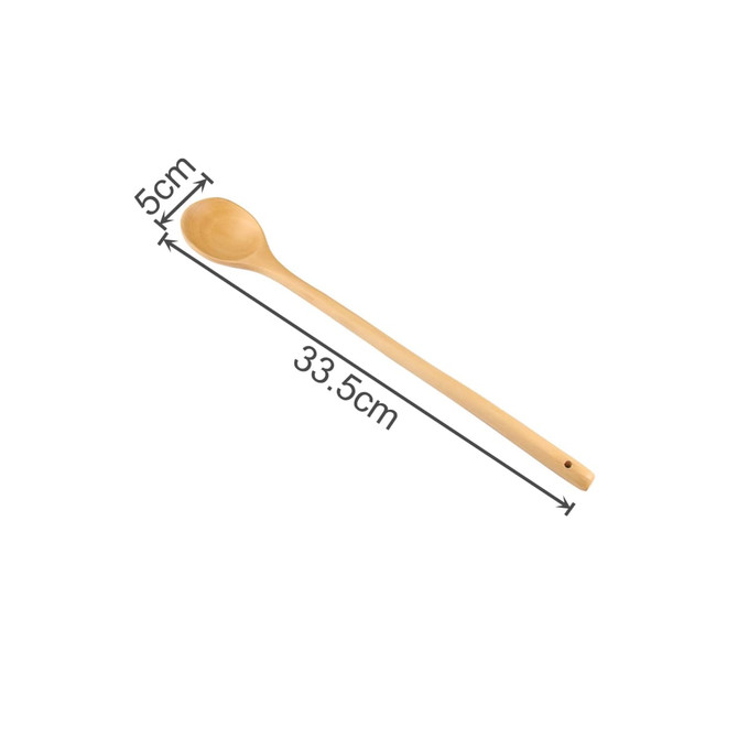 A long handle wooden spoon in a light wood finish, measuring 33.5cm in length and 5cm at the spoon end.