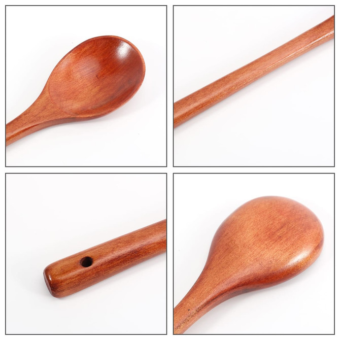A long handle wooden spoon in natural wood colour with a smooth finish, showcasing different angles and details.