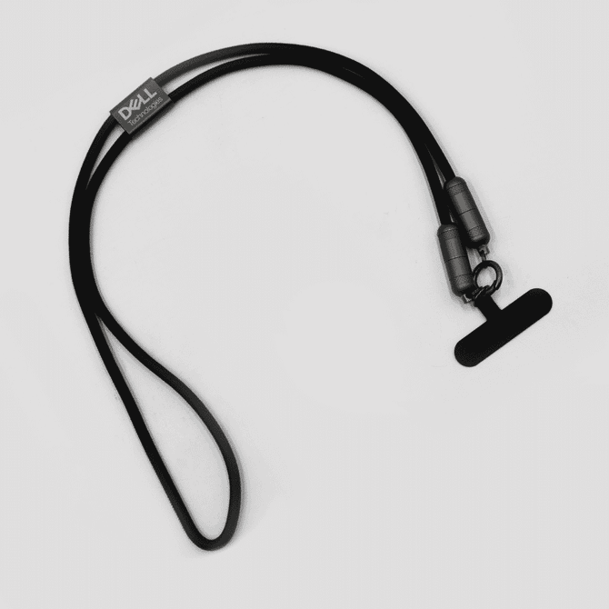 A black lanyard with dual connectors for data and charging cables, featuring a logo.