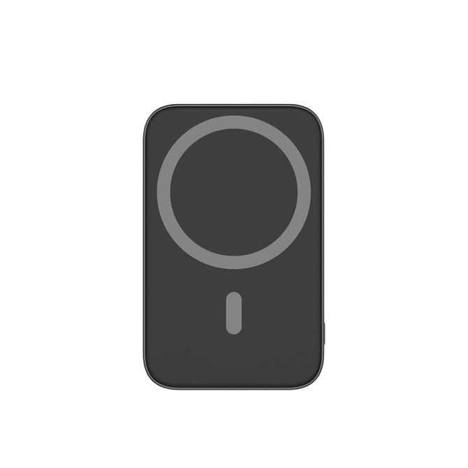 A black 5000mAh magnetic wireless power bank with a circular design and a small button. It features a logo.