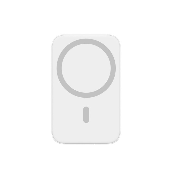 A white magnetic wireless power bank with a circular design and a small logo. The device has a capacity of 5000mAh.