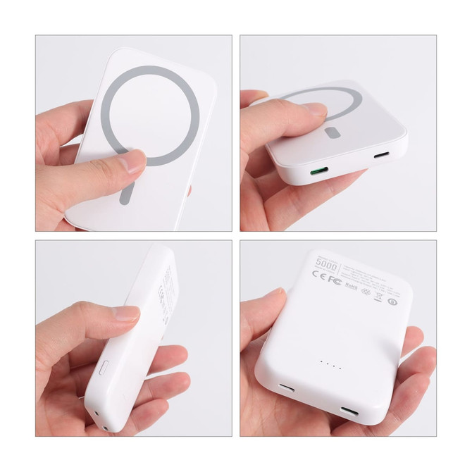 A white magnetic wireless power bank held in a hand, featuring a logo, charging ports, and a compact design.
