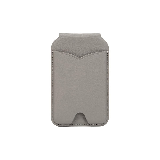 A grey PU magnetic card holder featuring a sleek design and a slot for cards, complete with a mirror on the back.