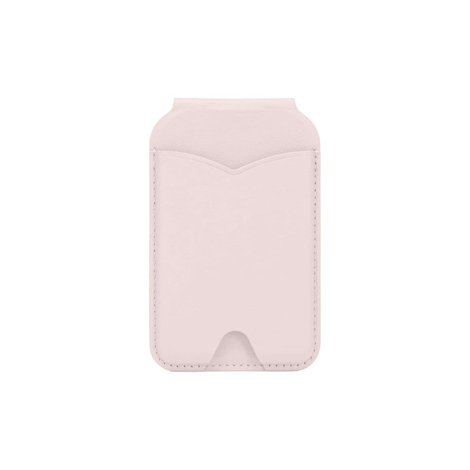 A pale pink PU magnetic card holder with a mirror, featuring a logo and a sleek design.