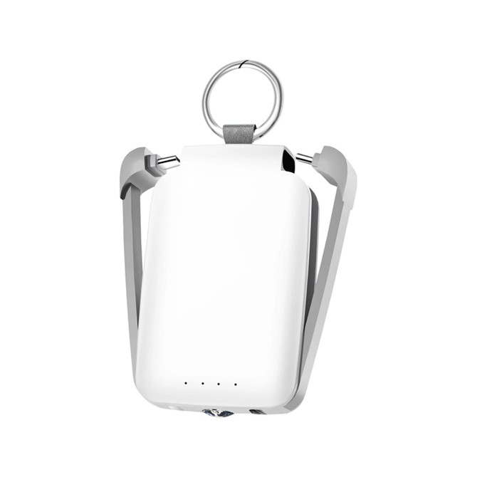 A white mini power bank with a flashlight and a keyring attachment. It features a sleek design and indicator lights.