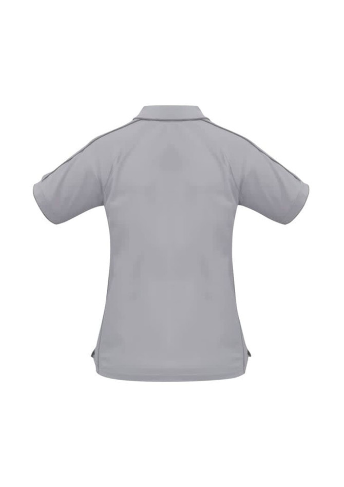 A grey short sleeve polo shirt with a collar and a branded logo on the back.