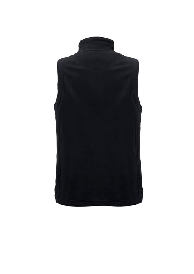 A plain black women's micro fleece vest with a high collar, featuring a smooth back design and side seams.