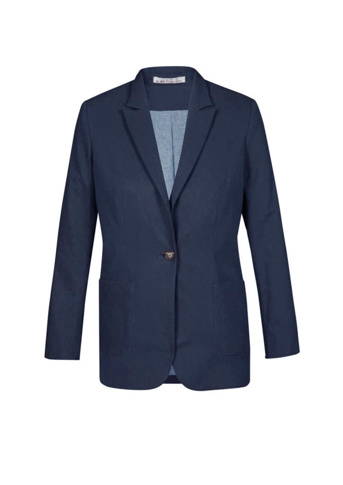 A women's blazer in navy blue featuring a single button closure and two front pockets. It has a slight sheen and a tailored fit.