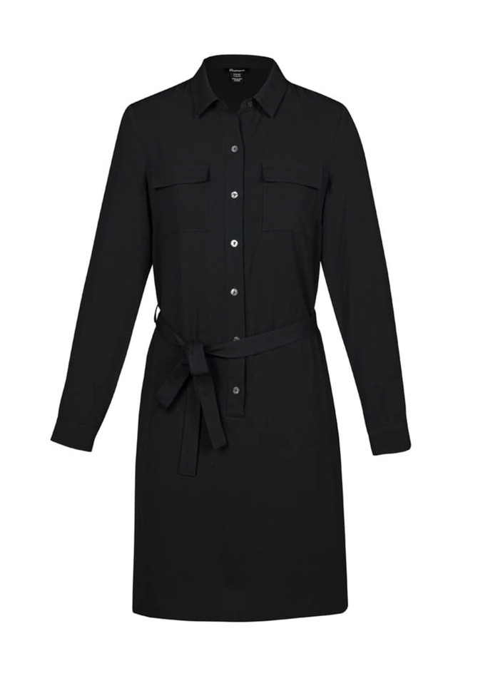 A black women's dress with button-up front, long sleeves, two chest pockets, and a tied waist belt.