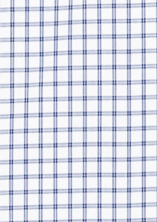 A button-up shirt featuring a blue and white checkered pattern with a logo.