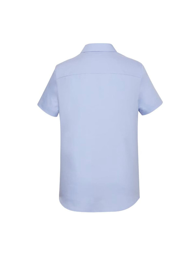 A light blue women's button-up shirt with short sleeves, featuring a back yoke and a logo.