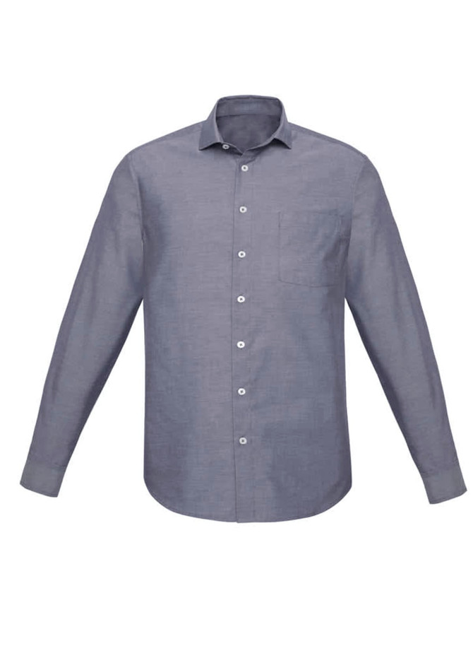 A classic fit long sleeve shirt in blue with a single chest pocket and button-up front. Features a logo.