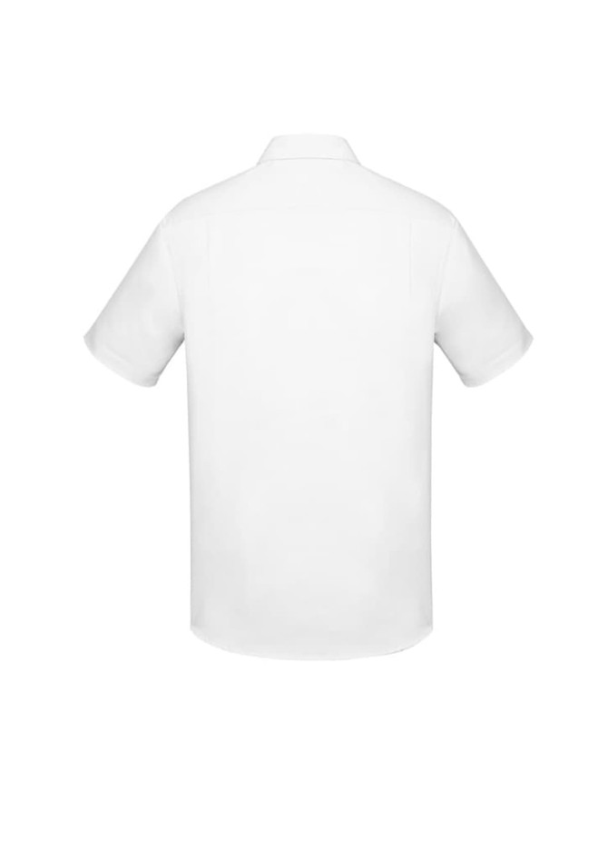 A white short sleeve button-up shirt featuring a classic fit and a simple design with a back collar.