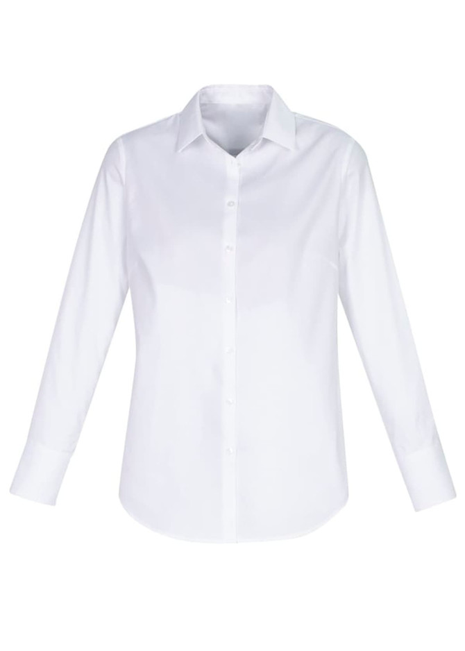 A white long sleeve button-up shirt with a classic collar and cuffs, featuring a logo.