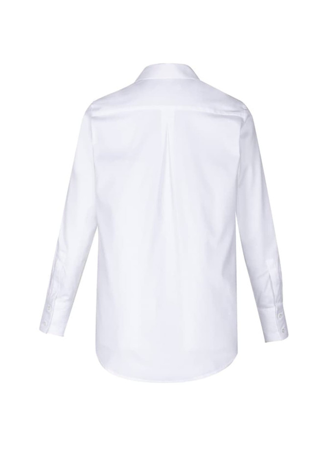 A white long sleeve button-up shirt with a back pleat and cuffed sleeves, featuring a logo.