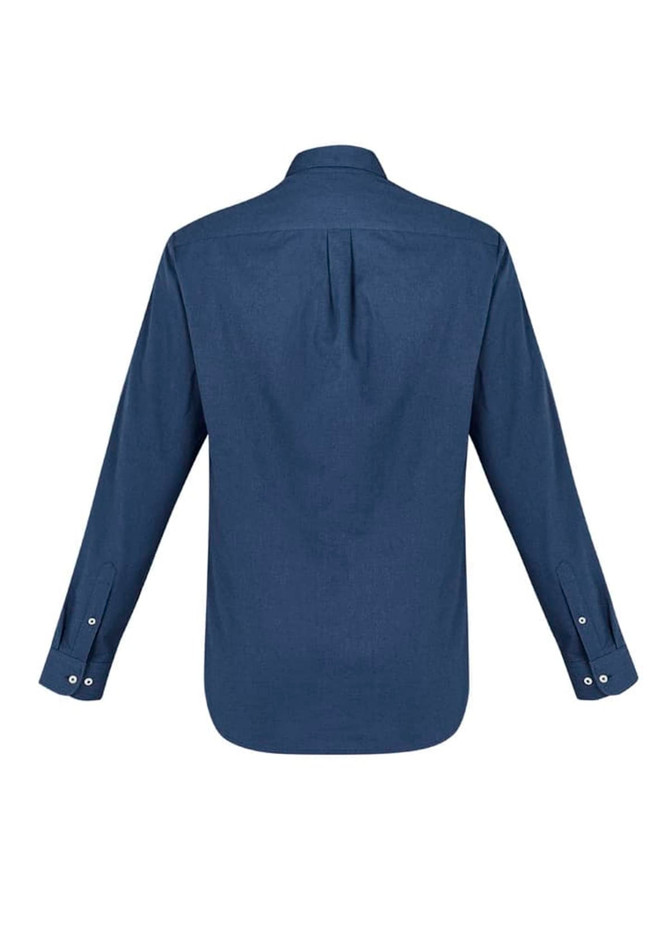 A navy blue long sleeve button-up shirt with a smooth fabric and a back yoke detail. It features a logo.