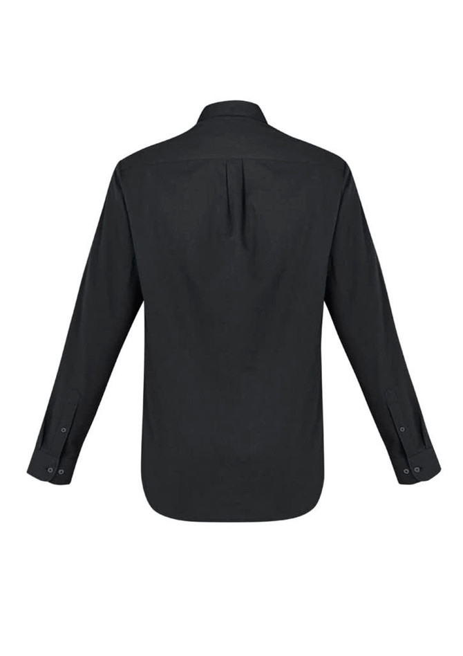 A black long sleeve button-up shirt with a back pleat and cuffed sleeves. Features a branding logo.