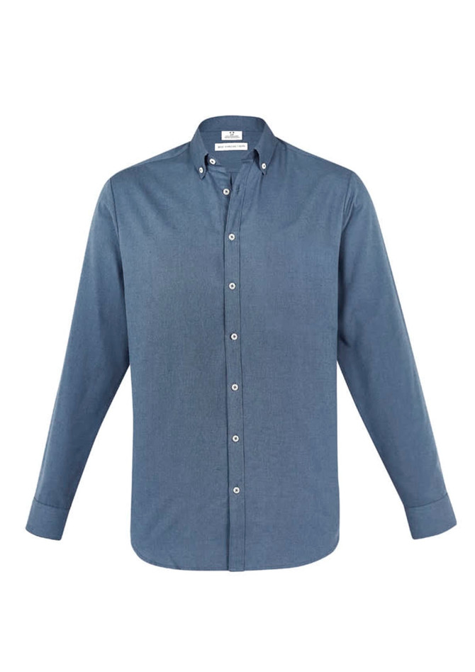 A button-up long sleeve shirt in a dark blue fabric, featuring a collar and buttons down the front, with a logo on the label.