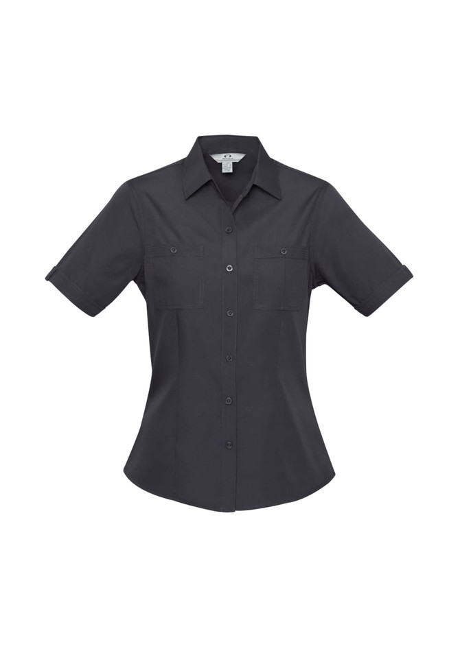 A women's short sleeve button-up shirt in dark grey, featuring dual chest pockets and a tailored fit.
