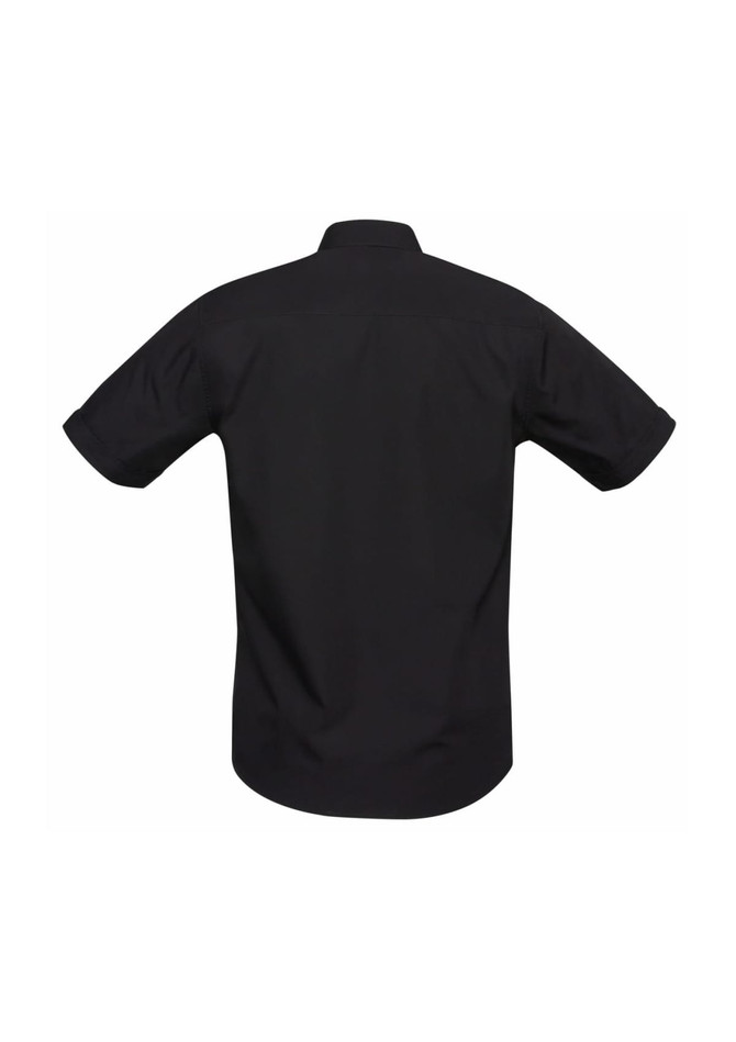 A black short sleeve button-up shirt featuring a classic collar and a logo on the back.
