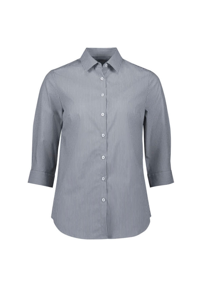 A women's button-up shirt in navy and white stripes, featuring a collared neckline and 3/4 sleeves.
