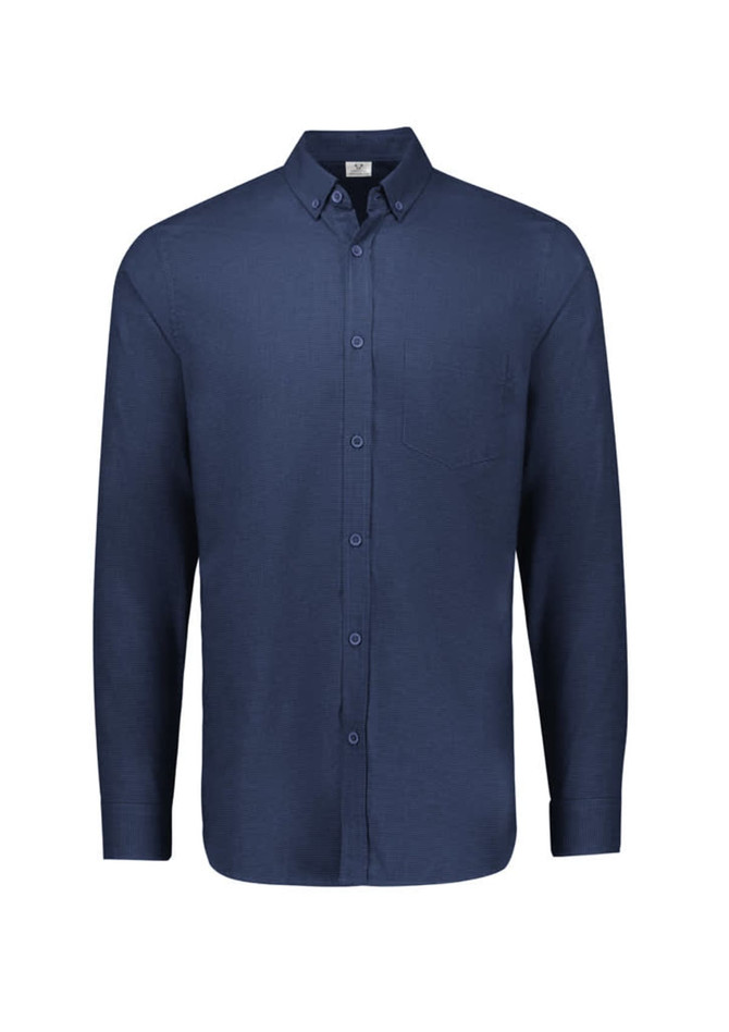 A long sleeve button-up shirt in navy blue with a chest pocket and a collar, featuring branding.