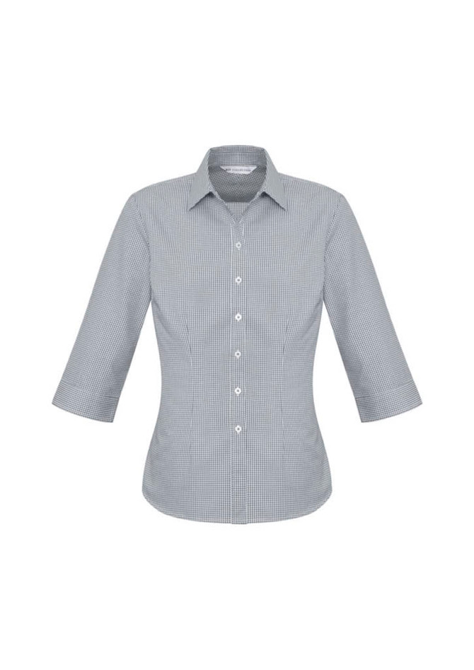A button-up women's shirt in a grey and white gingham pattern with 3/4 sleeves and a collar.