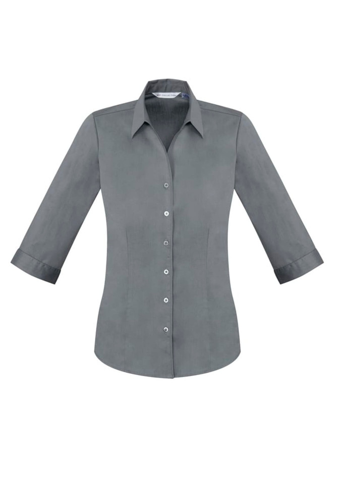 A grey ladies' 3/4 sleeve button-up shirt with a collar and a branded logo.