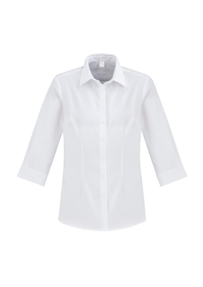 A white button-up women's shirt with 3/4 sleeves and a collar, featuring a logo on the chest.