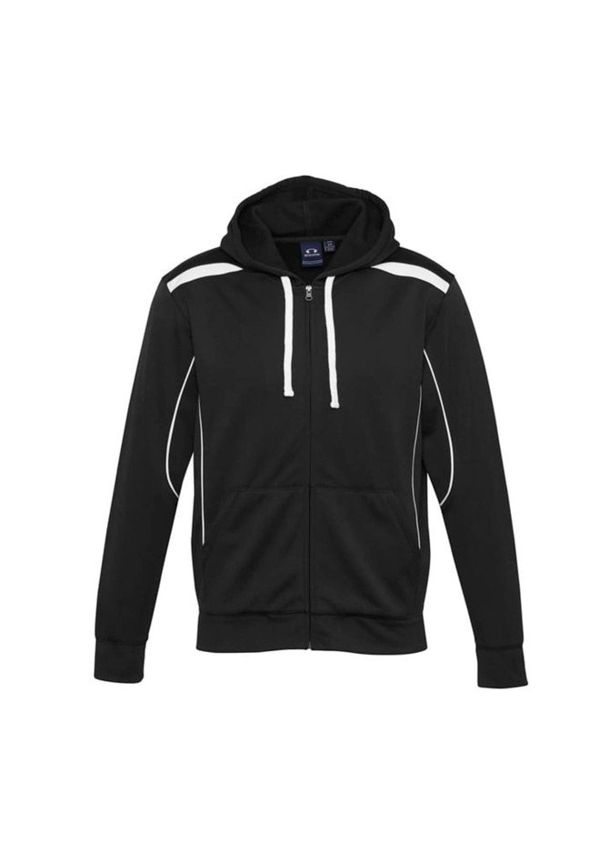 A black men's hoodie with white accents, featuring a zip, pockets, and a hood. It has a logo on the front.