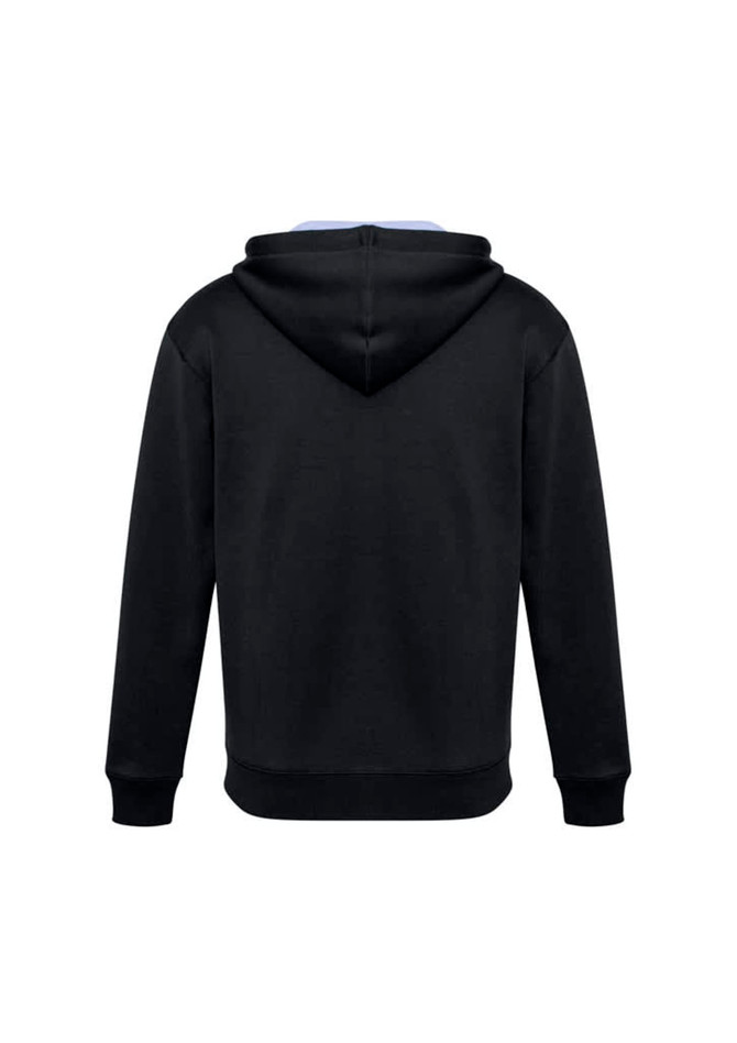 A black hoodie with a blue interior, featuring a hood and ribbed cuffs. Includes a logo on the design.