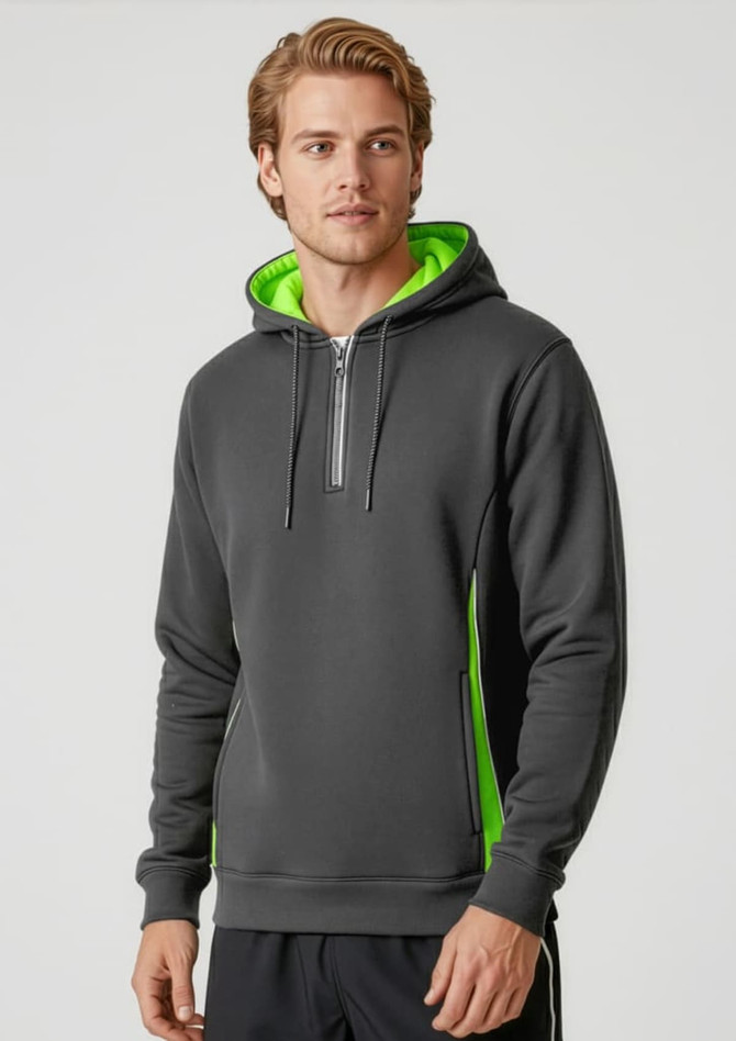A grey unisex hoodie with a green lining and accents, featuring a zippered neckline and pockets. It has a logo.