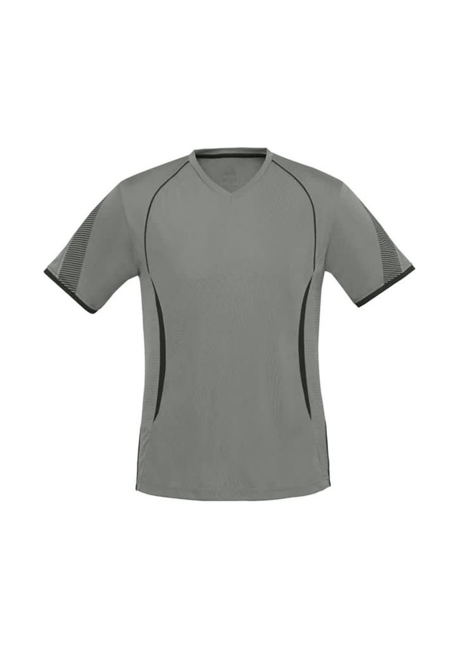 A short sleeve tee in grey with contrasting black accents and a logo on the chest.