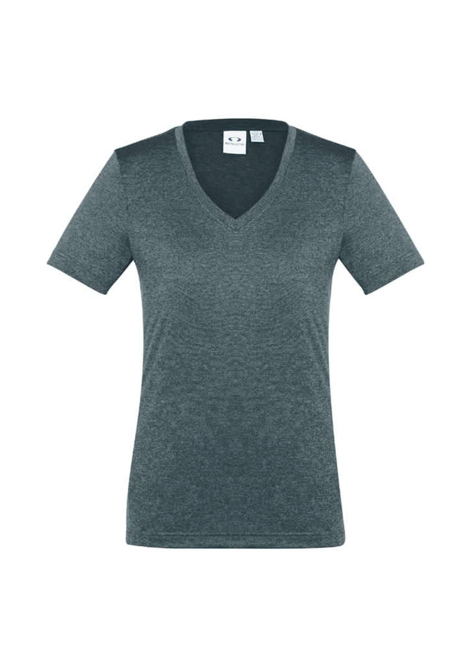 A grey short sleeve women's t-shirt with a v-neck design and a logo featured on the upper left.