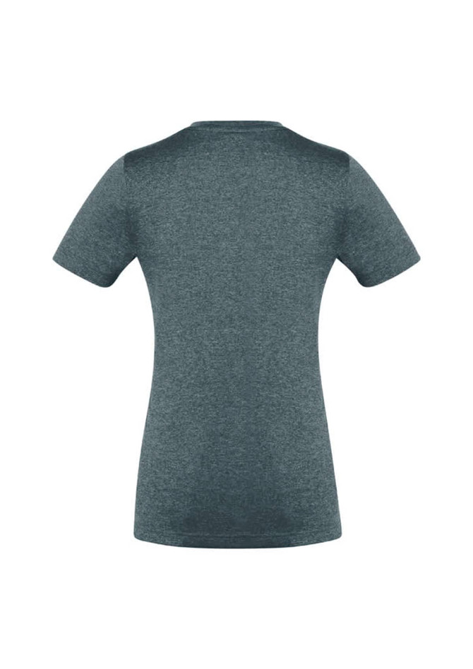 A women's short sleeve tee in dark grey, featuring a fitted style and a logo on the back.