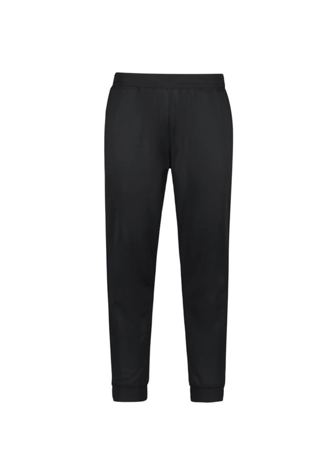 A pair of black track pants with a tapered fit and elastic cuffs, featuring a logo on the waistband.