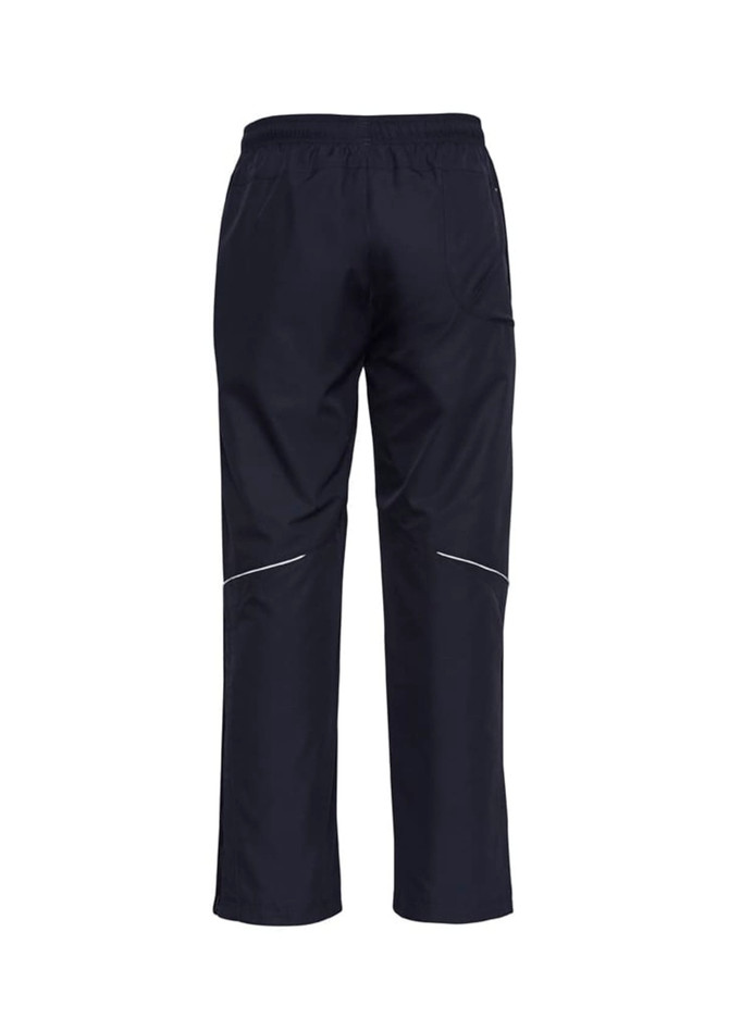 A pair of unisex track pants in navy blue, featuring reflective detailing and an elasticated waistband.