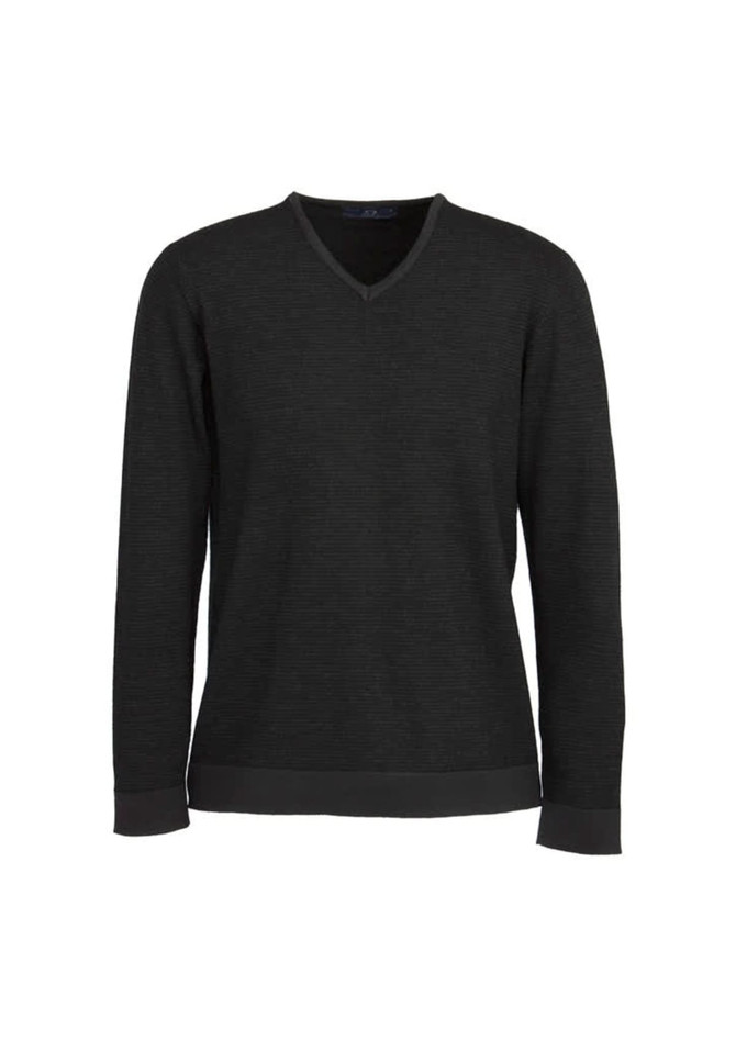 A black men's pullover sweater with a V-neck and long sleeves, featuring ribbed cuffs and hem, and a logo.