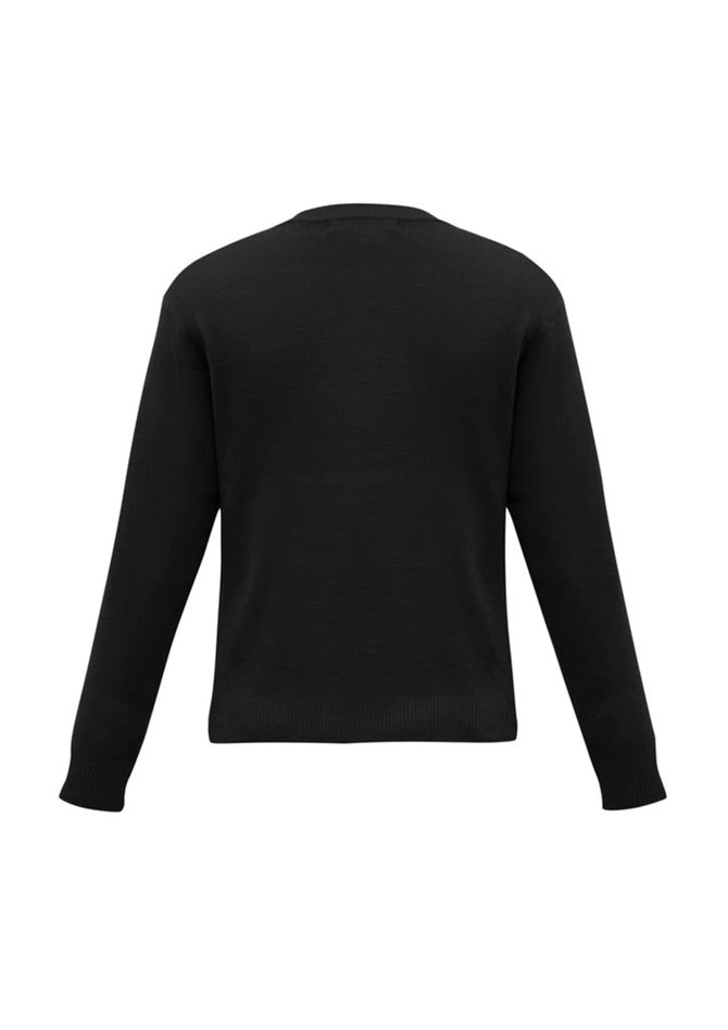A black knitted pullover with long sleeves and a crew neck, featuring a plain back design.