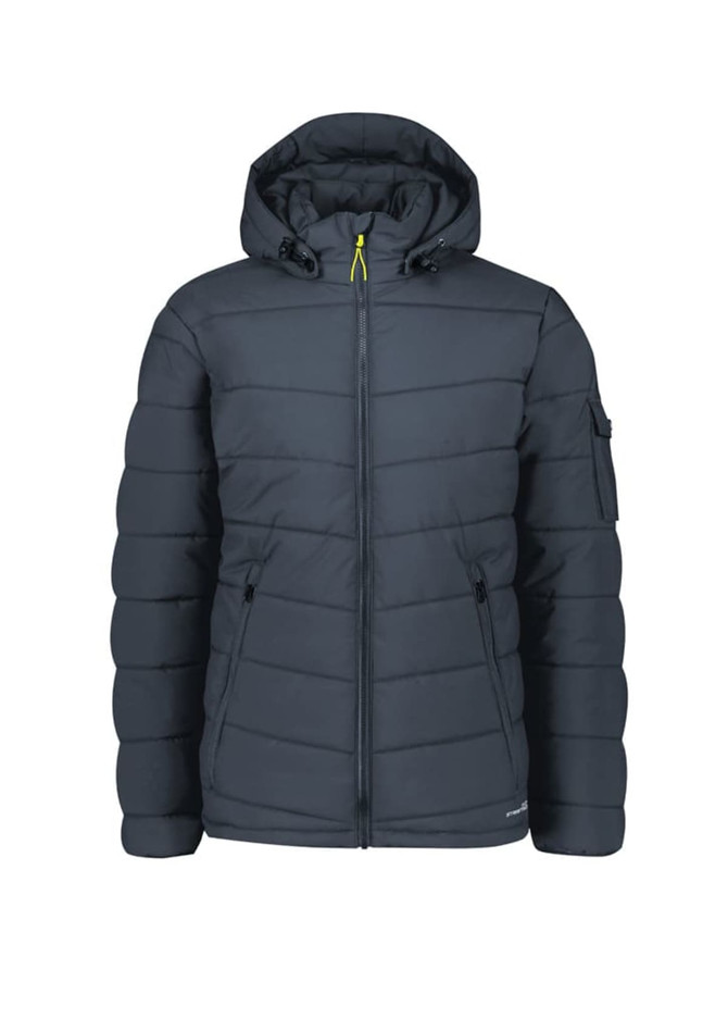 A dark grey unisex hooded puffer jacket with a zip front and side pockets, featuring a logo on the sleeve.