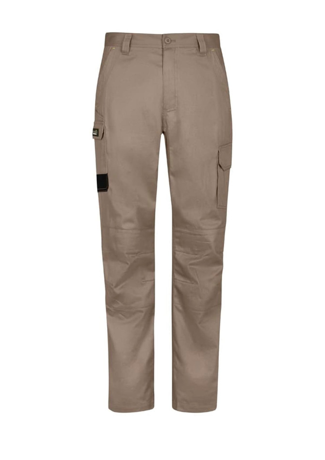 Men's summer cargo pants in khaki, featuring multiple pockets and a black detailing. Contains branding on the pants.